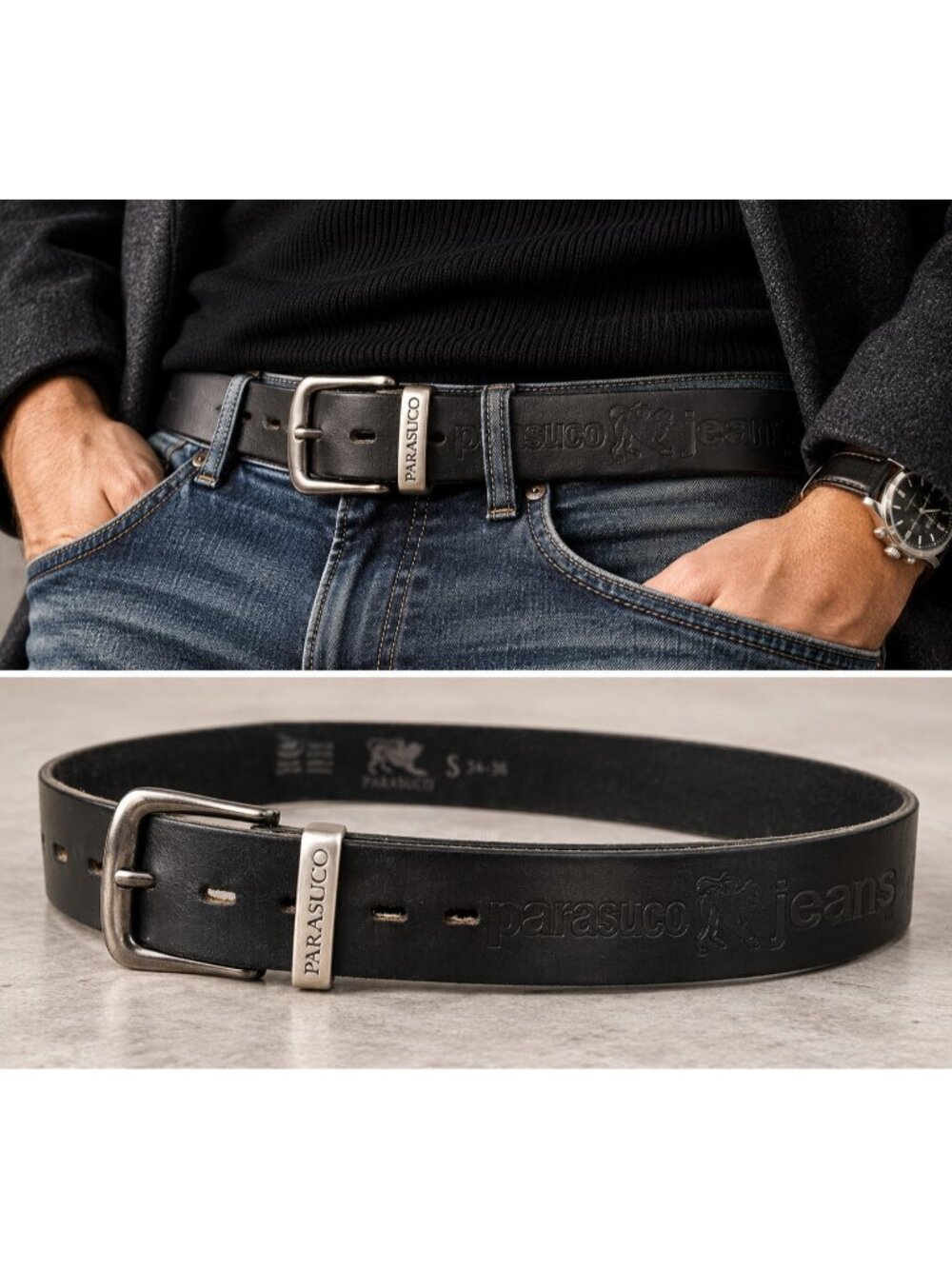 Parasuco Jeans Men's Black Leather Logo Belt Size S 28-30 Made in Canada